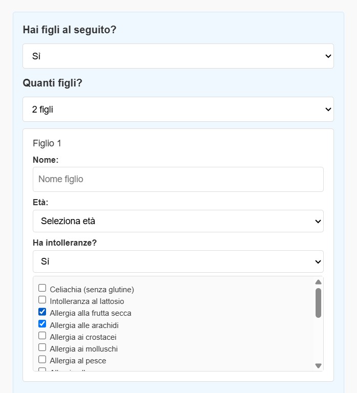 Segnalare se ci sono figli al seguito, l'età ed eventuali intolleranze